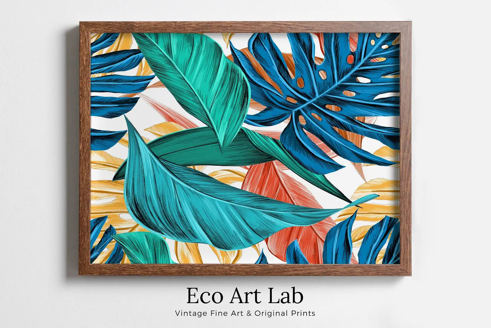 Framed view of Monstera and Palm Leaf Wall Art. Colorful Botanical Prints Instant Download Tropical Wall Decor. Printable Leaf Painting, Tropical Foliage – printable wall art digital download.