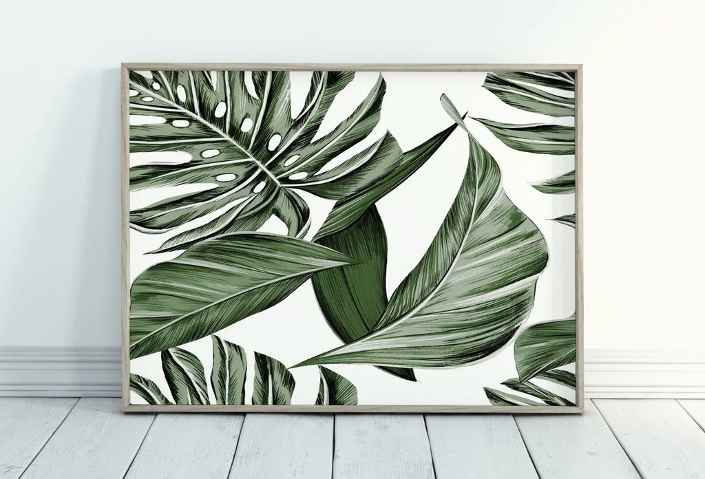 Included artwork preview showing first selection of artworks from Monstera and Palm Leaf Wall Art. Sage Green Botanical Prints Instant Download Tropical Wall Decor. Printable Leaf Painting, Tropical Foliage.