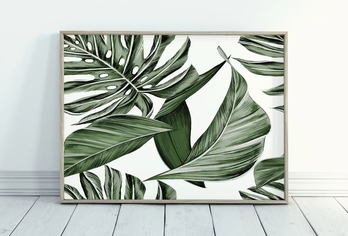 Monstera and Palm Leaf Wall Art. Sage Green Botanical Prints Instant Download Tropical Wall Decor. Printable Leaf Painting, Tropical Foliage – Printable Wall Art