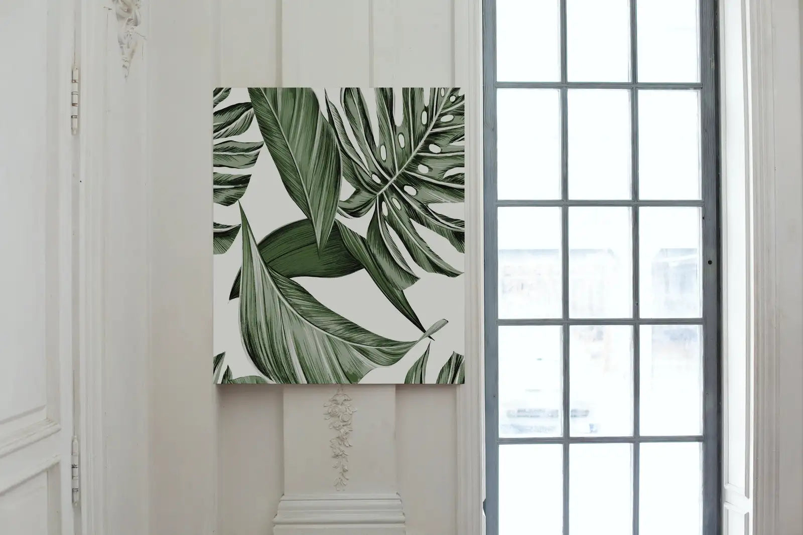 Detail view of artwork from Monstera and Palm Leaf Wall Art. Sage Green Botanical Prints Instant Download Tropical Wall Decor. Printable Leaf Painting, Tropical Foliage. (variation 1)