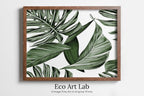 Framed view of Monstera and Palm Leaf Wall Art. Sage Green Botanical Prints Instant Download Tropical Wall Decor. Printable Leaf Painting, Tropical Foliage – printable wall art digital download.