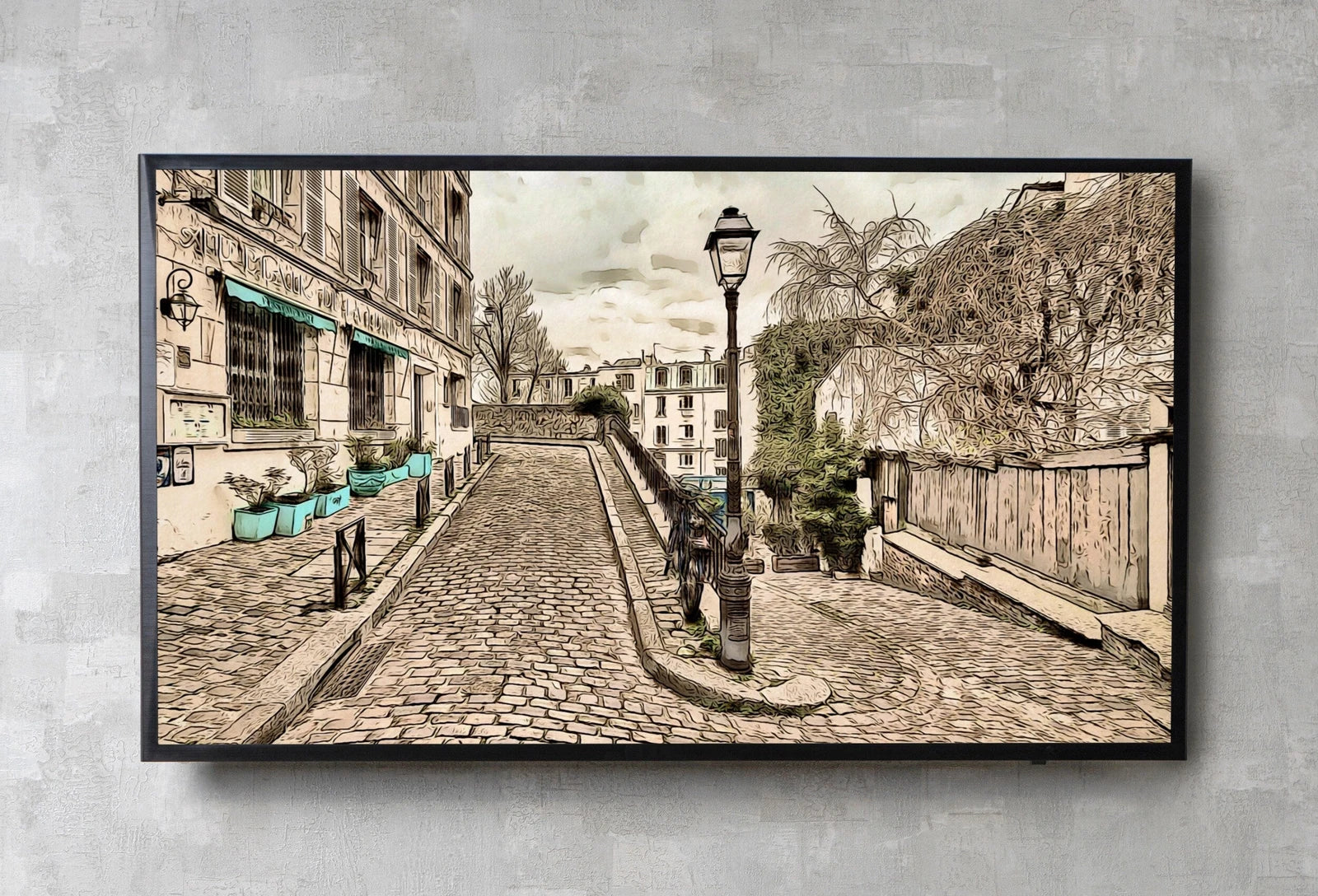 Montmartre - Vue de rue urbaine à Paris. Téléchargement numérique pour le Samsung Frame TV. Art coloré pour le Frame TV.