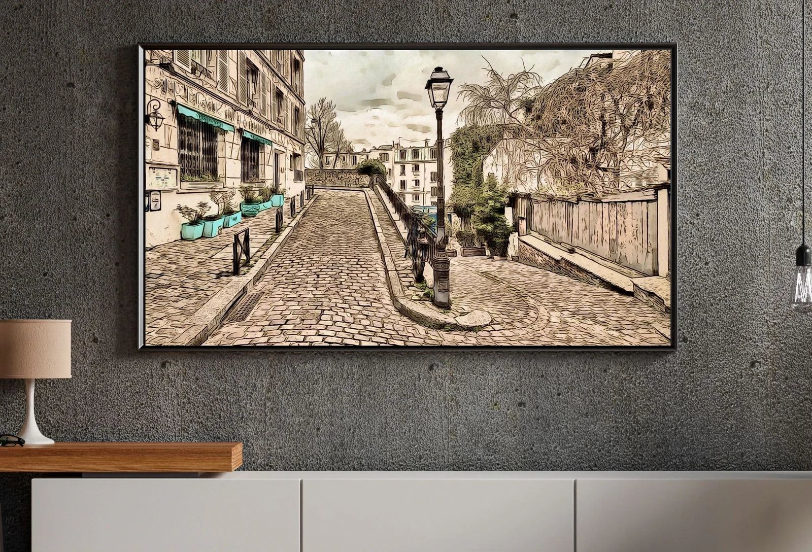 Montmartre - Vue de rue urbaine à Paris. Téléchargement numérique pour le Samsung Frame TV. Art coloré pour le Frame TV.