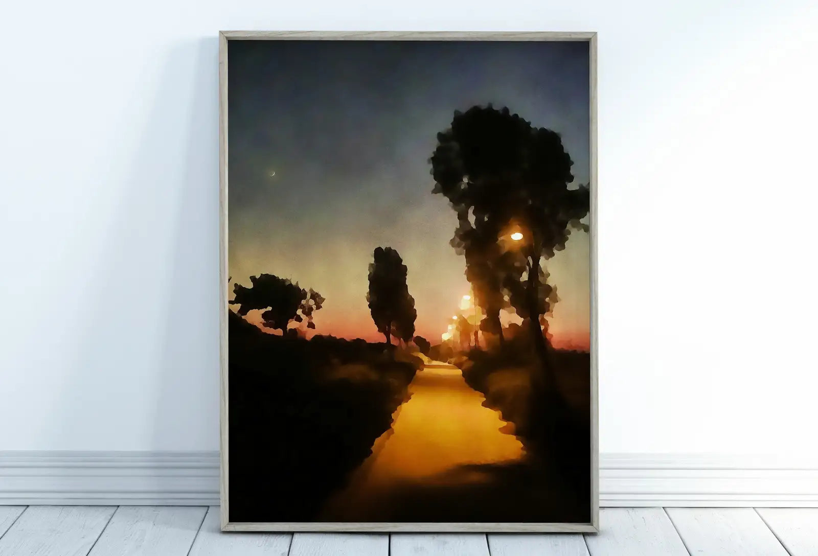 Framed view of Moon in Sunset Landscape Painting, Printable Wall Art, for Home or Office Decor, Nature Print Digital Art Instant Download – printable wall art digital download.