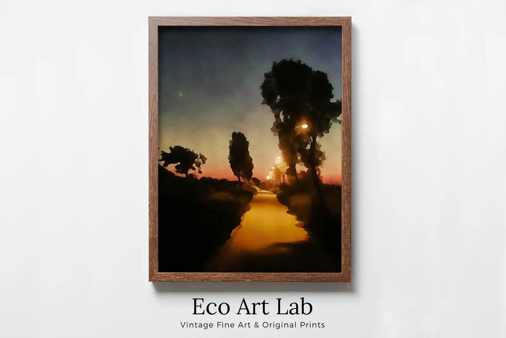 Detail view of artwork from Moon in Sunset Landscape Painting, Printable Wall Art, for Home or Office Decor, Nature Print Digital Art Instant Download. (variation 1)