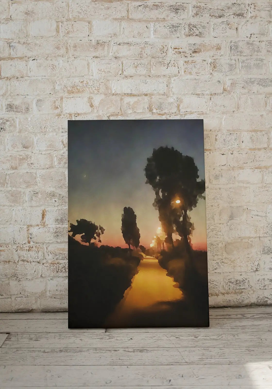 Detail view of artwork from Moon in Sunset Landscape Painting, Printable Wall Art, for Home or Office Decor, Nature Print Digital Art Instant Download. (variation 2)