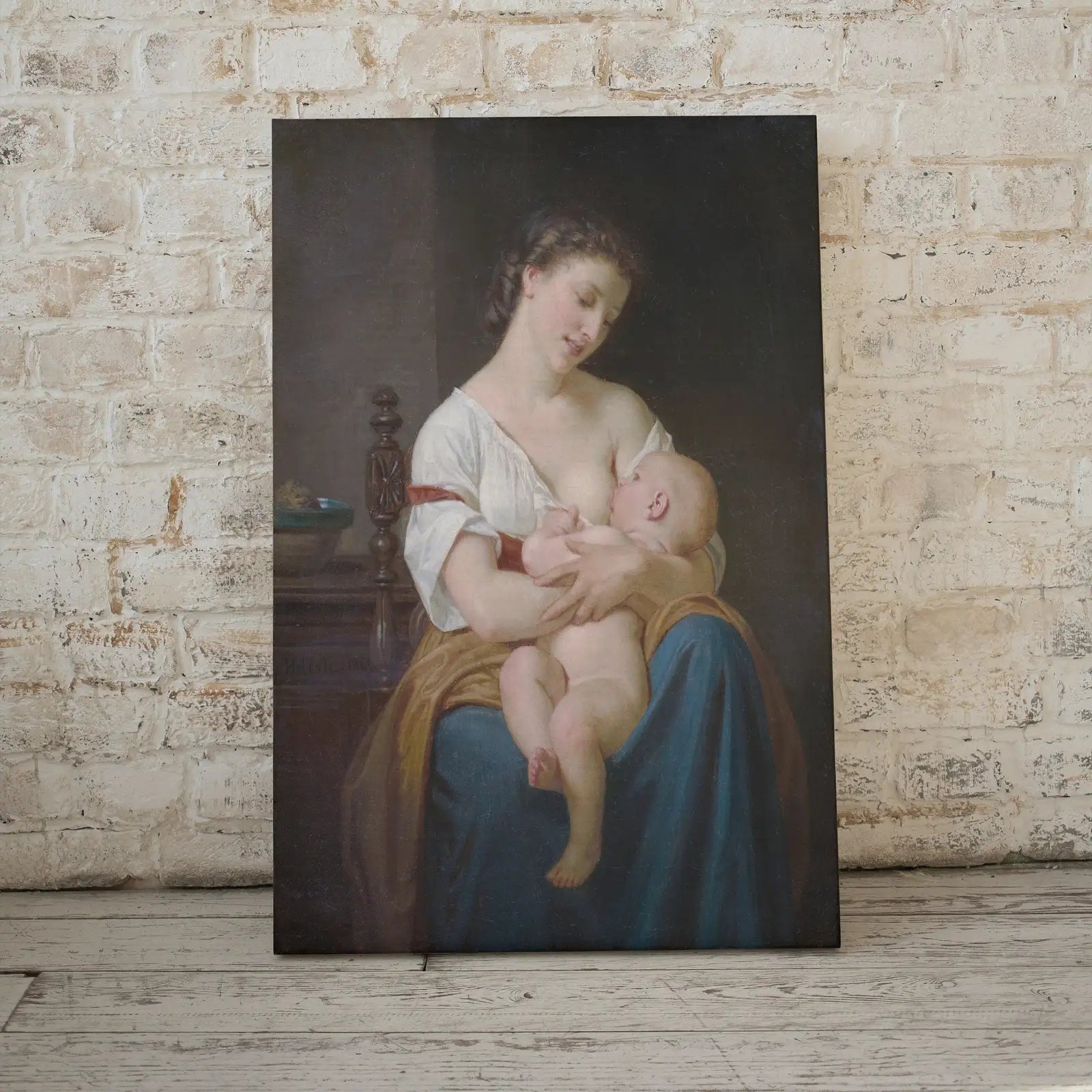 Detail view of artwork from Motherhood Art Print. Mother and Child by Hugues Merle. Vintage Mother and Child Painting, Nursery Art. Printable Wall Art. Downloadable Art. (variation 1)
