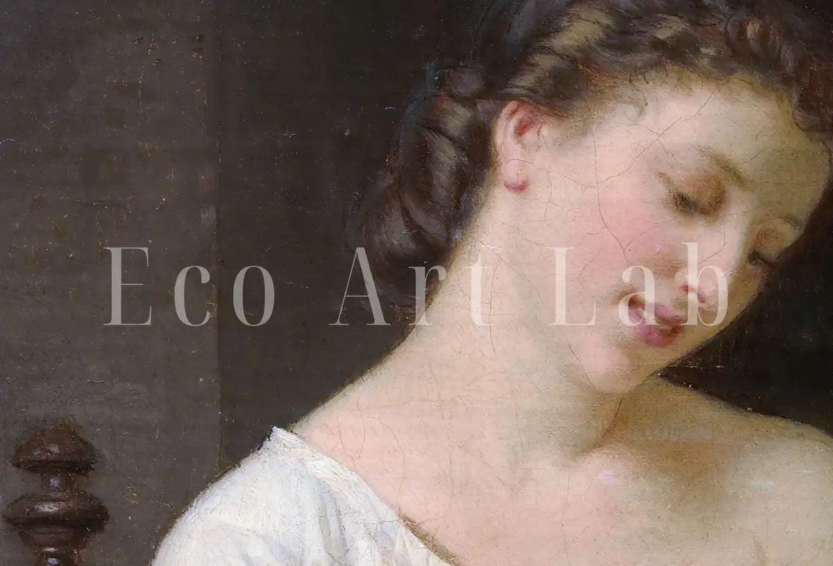Detail view of artwork from Motherhood Art Print. Mother and Child by Hugues Merle. Vintage Mother and Child Painting, Nursery Art. Printable Wall Art. Downloadable Art. (variation 2)