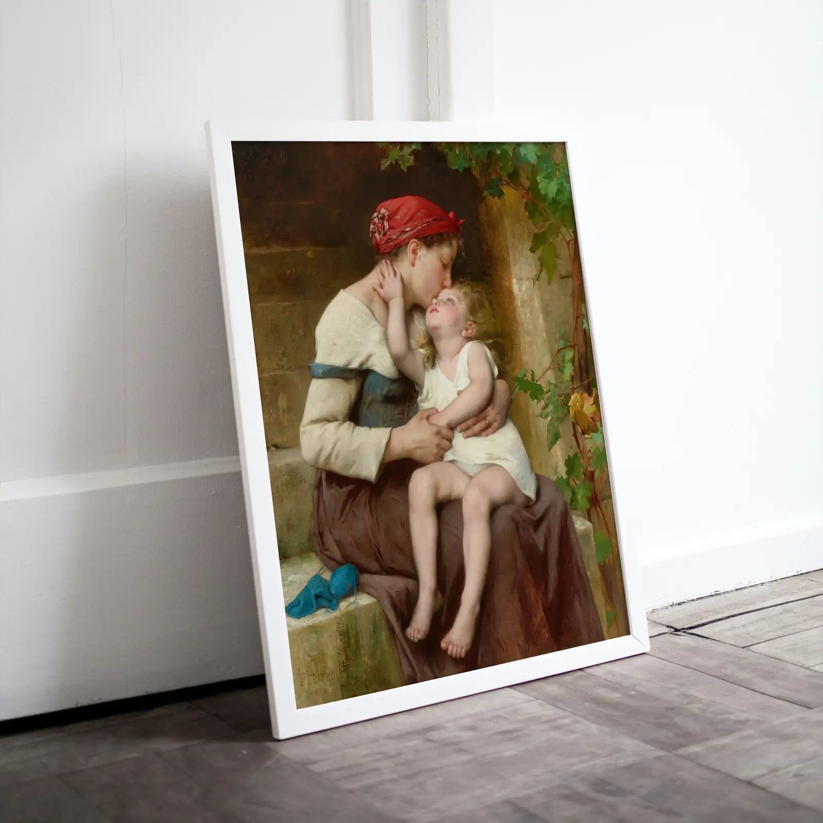 Detail view of artwork from Motherhood Art Print. Mother and Child by Léon Perrault Vintage Mother and Child Painting, Nursery Art. Printable Wall Art. Downloadable Art. (variation 1)