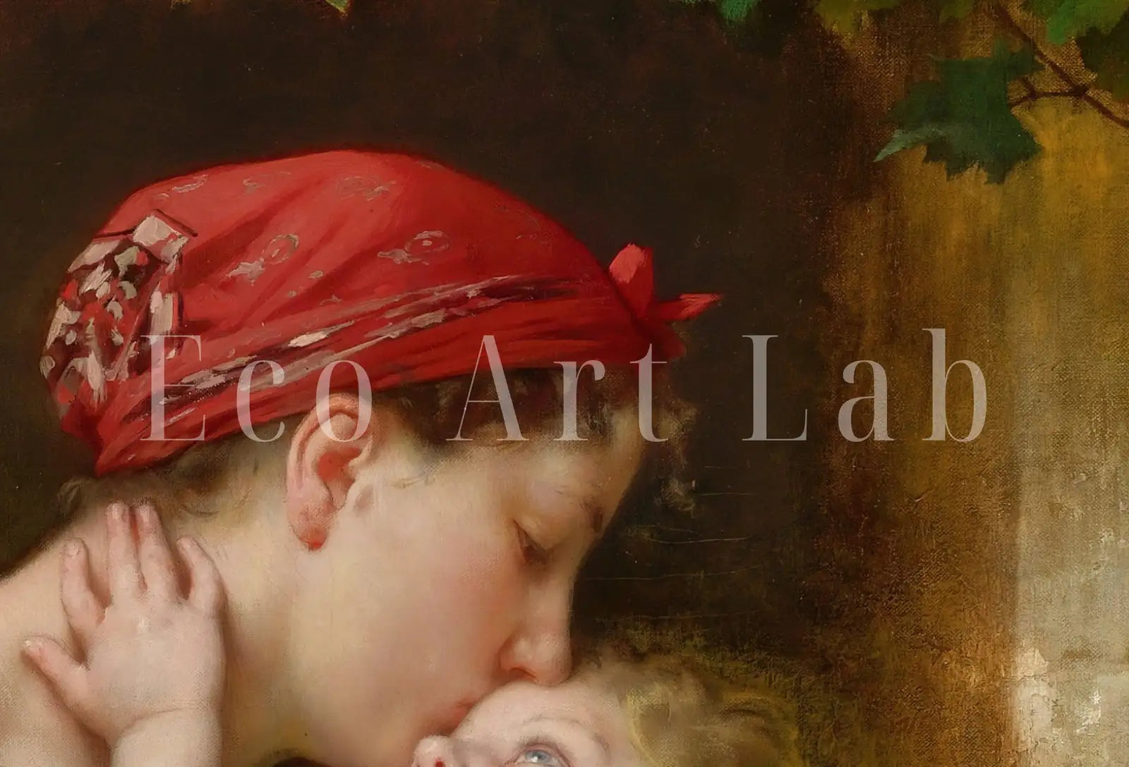 Detail view of artwork from Motherhood Art Print. Mother and Child by Léon Perrault Vintage Mother and Child Painting, Nursery Art. Printable Wall Art. Downloadable Art. (variation 2)