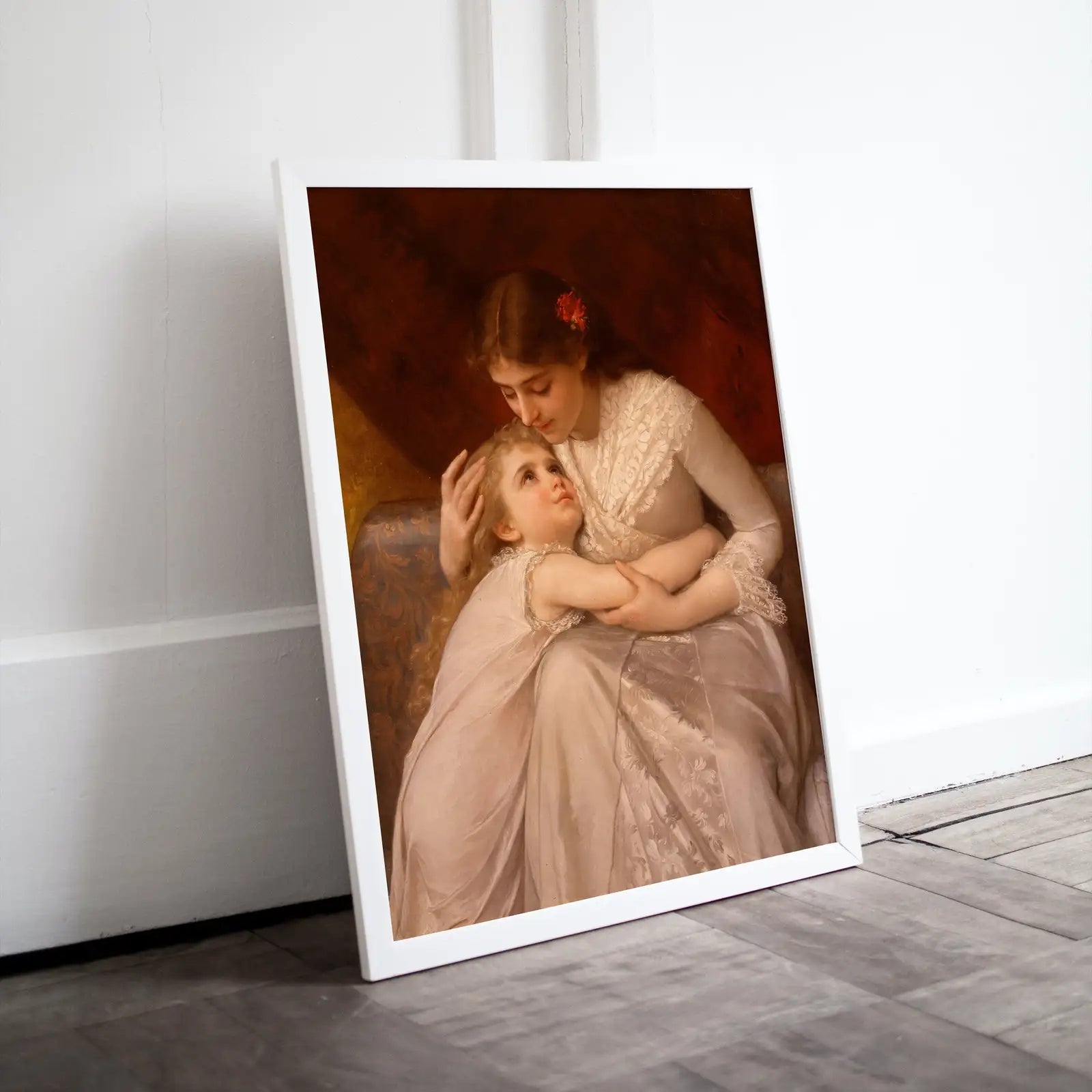 Detail view of artwork from Motherhood Art Print. Pardon Mama by Émile Munier Vintage Mother and Child Painting, Nursery Art. Printable Wall Art. Downloadable Art. (variation 1)