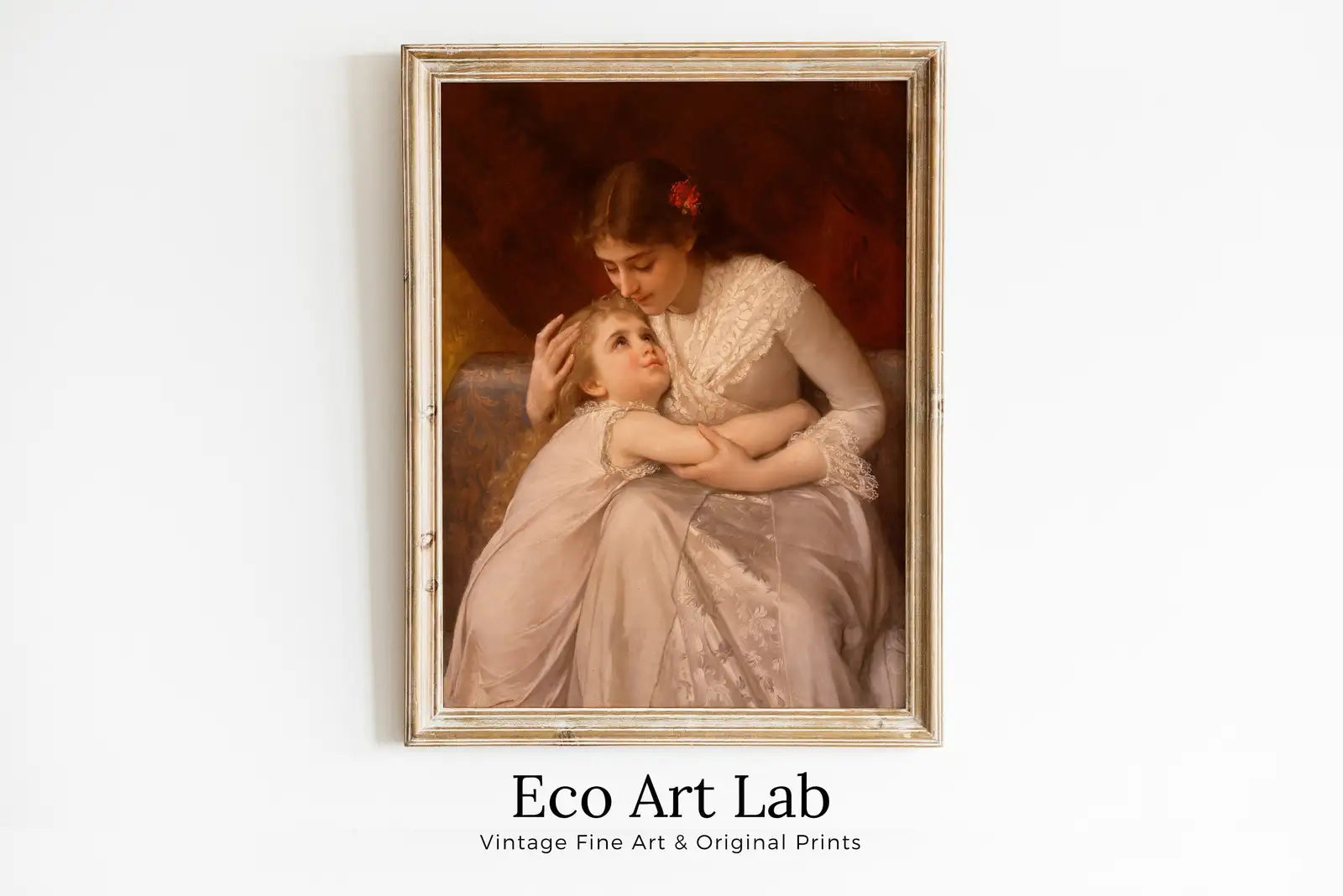 Framed view of Motherhood Art Print. Pardon Mama by Émile Munier Vintage Mother and Child Painting, Nursery Art. Printable Wall Art. Downloadable Art – printable wall art digital download.
