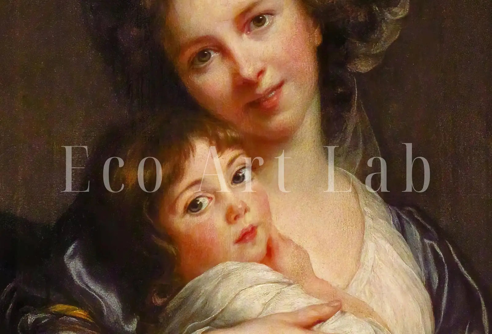 Detail view of artwork from Motherhood Art Print. Self Portrait with Daughter. Vintage Mother and Child Painting, Nursery Art. Printable Wall Art. Downloadable Art. (variation 1)