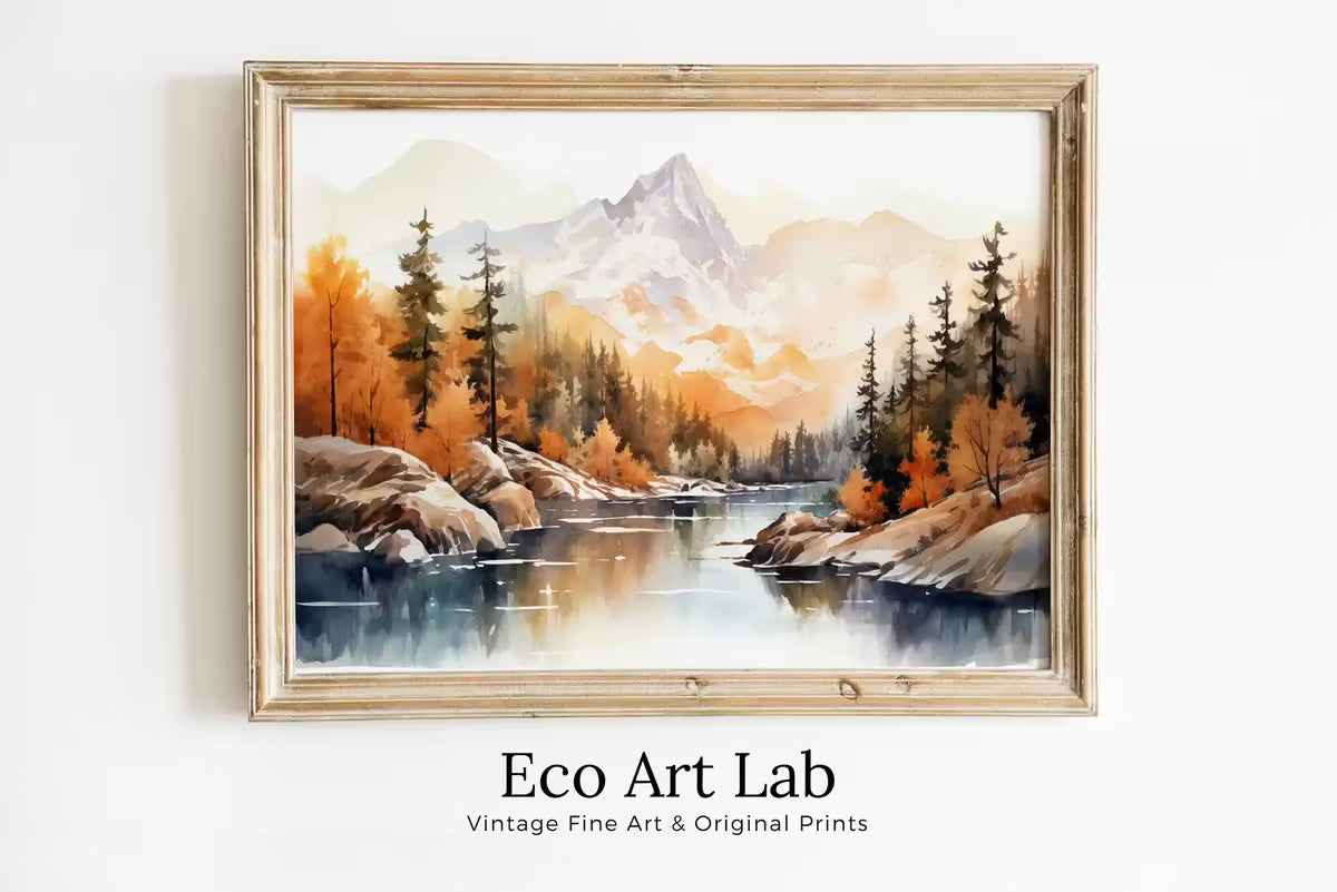 Mountain Forest & River Fall Watercolor Painting. Colorful Forest Landscape. Printable Nature Art. Mountain Forest Art. Printable Wall Art – Printable Wall Art