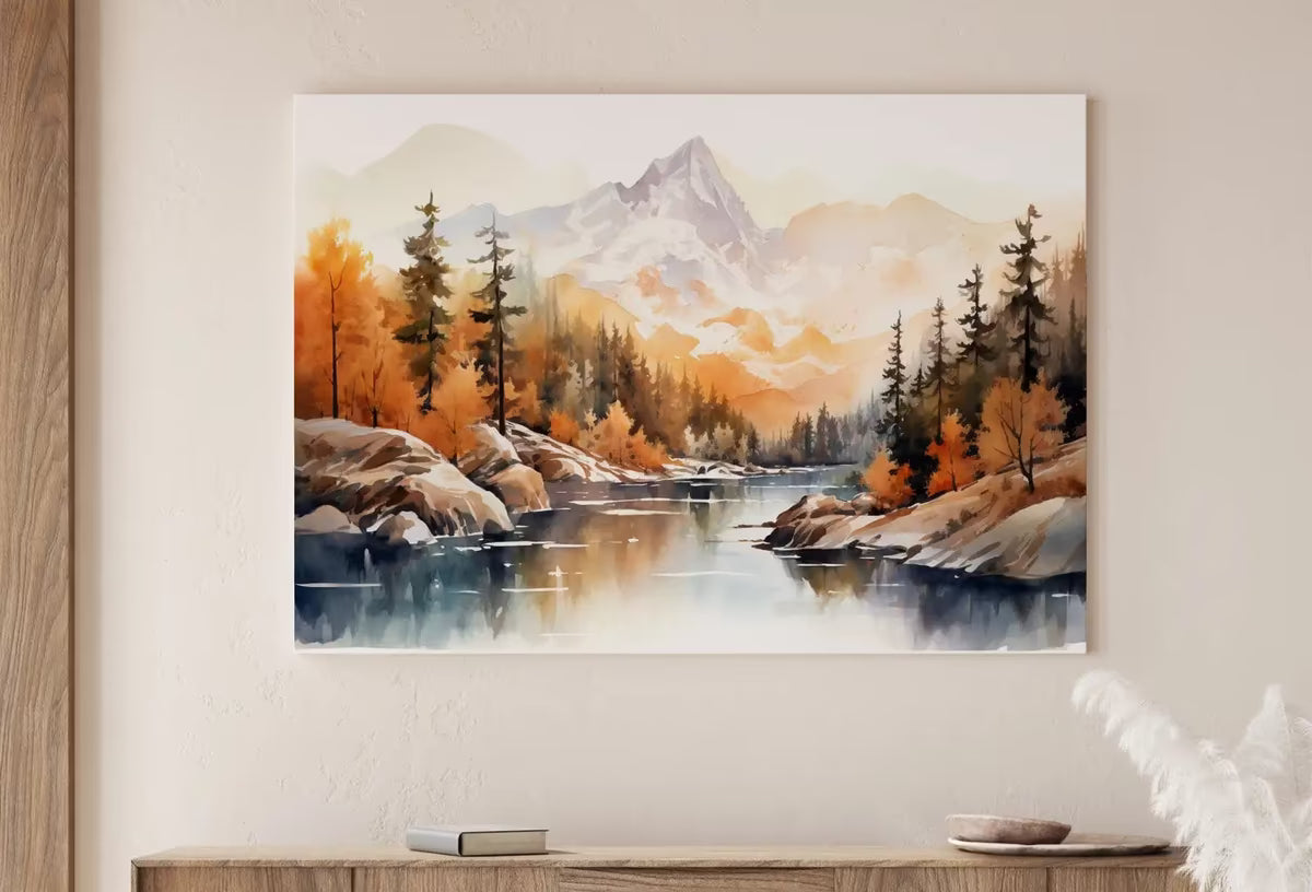 Mountain Forest & River Fall Watercolor Painting. Colorful Forest Landscape. Printable Nature Art. Mountain Forest Art. Printable Wall Art – Printable Wall Art