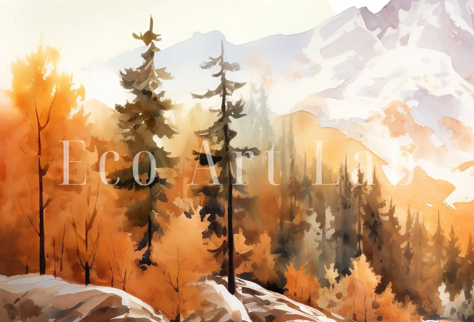 Detail view of artwork from Mountain Forest & River Fall Watercolor Painting. Colorful Forest Landscape. Printable Nature Art. Mountain Forest Art. Printable Wall Art. (variation 1)