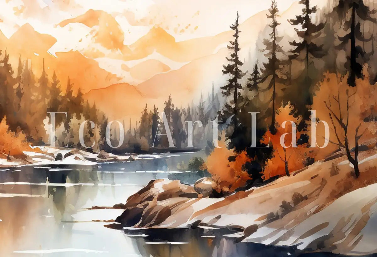 Detail view of artwork from Mountain Forest & River Fall Watercolor Painting. Colorful Forest Landscape. Printable Nature Art. Mountain Forest Art. Printable Wall Art. (variation 2)