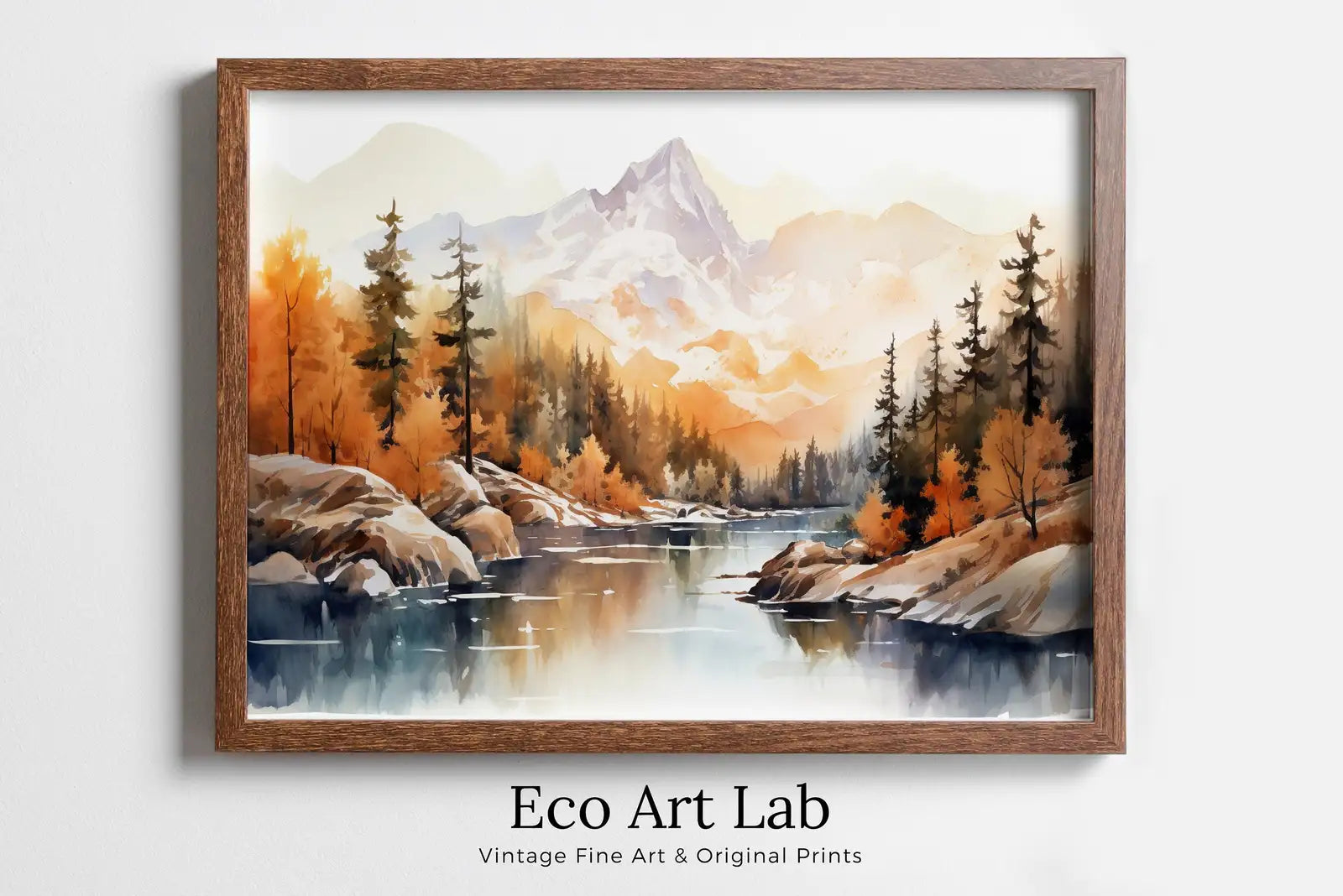 Framed view of Mountain Forest & River Fall Watercolor Painting. Colorful Forest Landscape. Printable Nature Art. Mountain Forest Art. Printable Wall Art – printable wall art digital download.