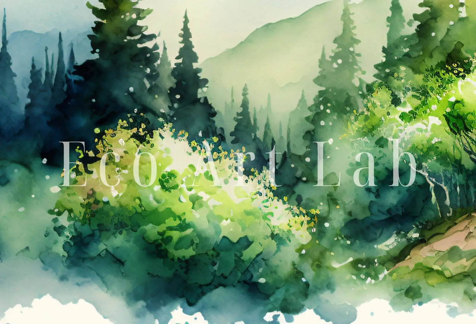 Detail view of artwork from Mountain & Forest Watercolor Painting Print. Forest Landscape Printable. Printable Wall Art. Digital Art. Nature Decor. Mountain Forest Art. (variation 1)