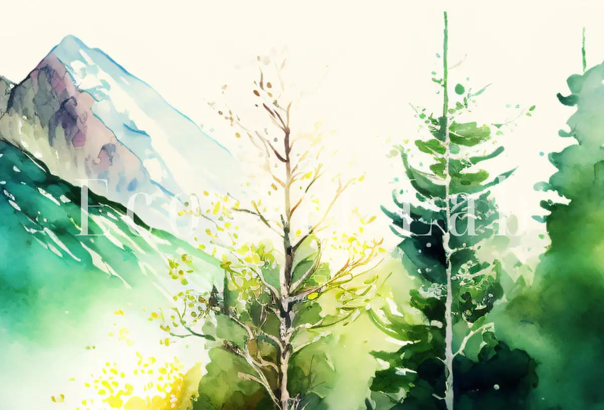 Detail view of artwork from Mountain & Forest Watercolor Painting Print. Forest Landscape Printable. Printable Wall Art. Digital Art. Nature Decor. Mountain Forest Art. (variation 2)