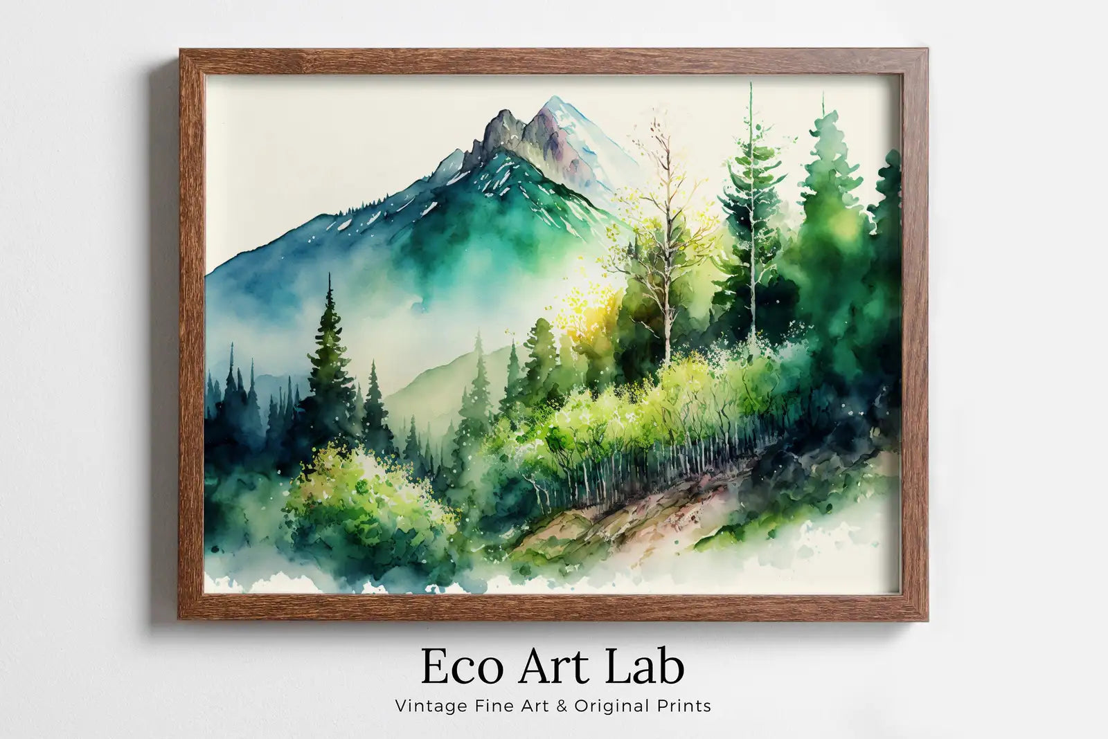 Framed view of Mountain & Forest Watercolor Painting Print. Forest Landscape Printable. Printable Wall Art. Digital Art. Nature Decor. Mountain Forest Art – printable wall art digital download.