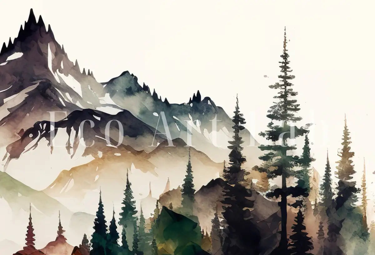 Detail view of artwork from Mountain Landscape Forest Art. Watercolor Forest Printable. Printable Wall Art. Green Forest Trees Painting Print. Digital Art. Nature Decor. (variation 2)