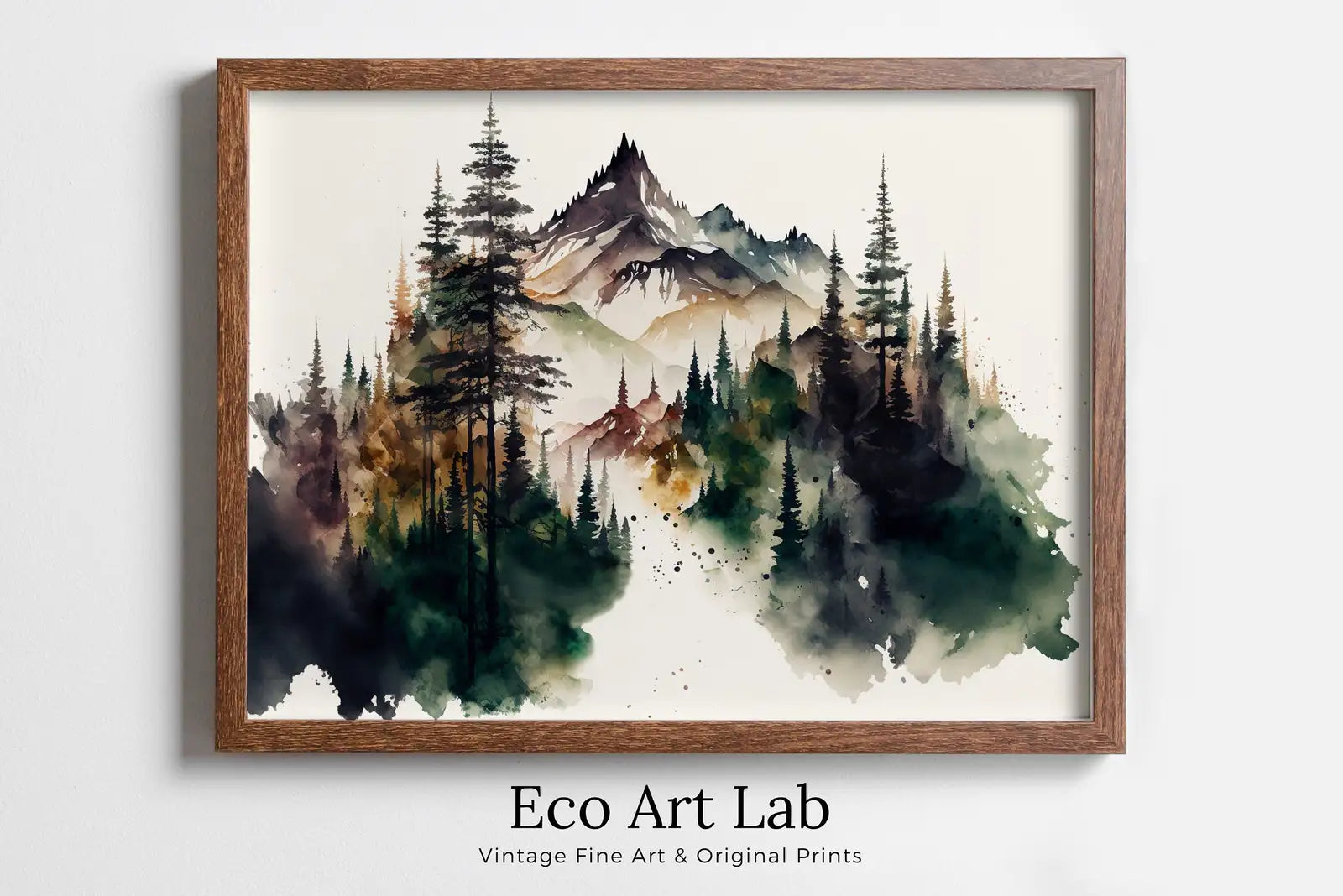 Framed view of Mountain Landscape Forest Art. Watercolor Forest Printable. Printable Wall Art. Green Forest Trees Painting Print. Digital Art. Nature Decor – printable wall art digital download.
