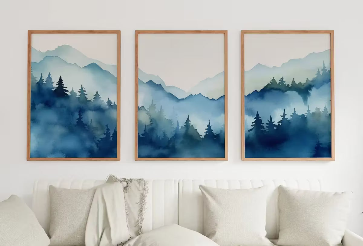 Mountain Print Set of 3 | Watercolor Blue Mountain | Abstract Landscape | Nature Print Set | Modern Minimal Decor | Pine Forest Wall Art – Printable Wall Art Set