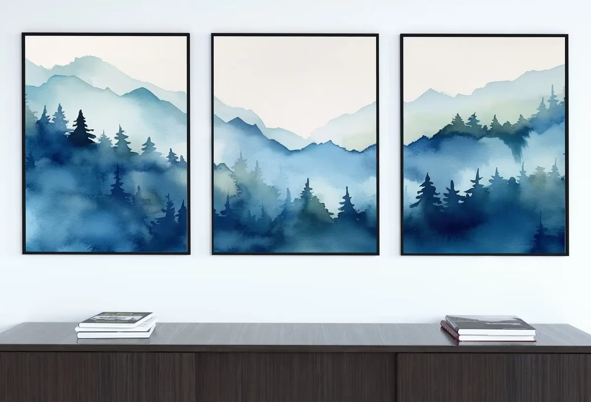Mountain Print Set of 3 | Watercolor Blue Mountain | Abstract Landscape | Nature Print Set | Modern Minimal Decor | Pine Forest Wall Art – Printable Wall Art Set