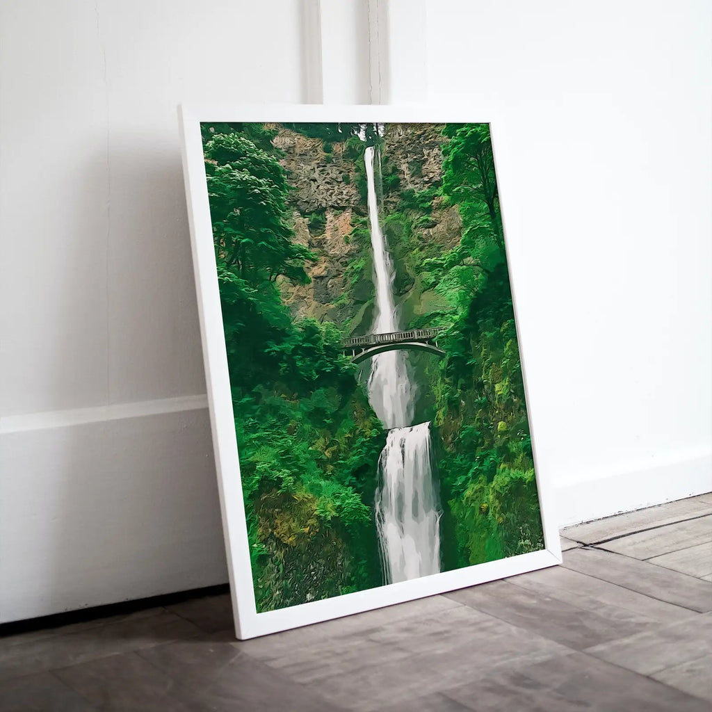 Included artwork preview showing first selection of artworks from Multnomah Falls Painting Printable Wall Art. Instant Download Print of a Waterfall with Bridge in the Woods. Nature Print Home Decor.