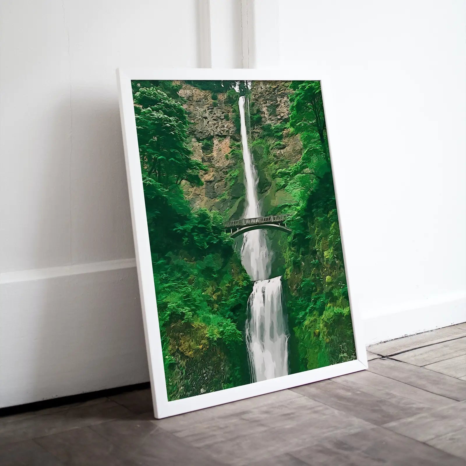 Included artwork preview showing first selection of artworks from Multnomah Falls Painting Printable Wall Art. Instant Download Print of a Waterfall with Bridge in the Woods. Nature Print Home Decor.