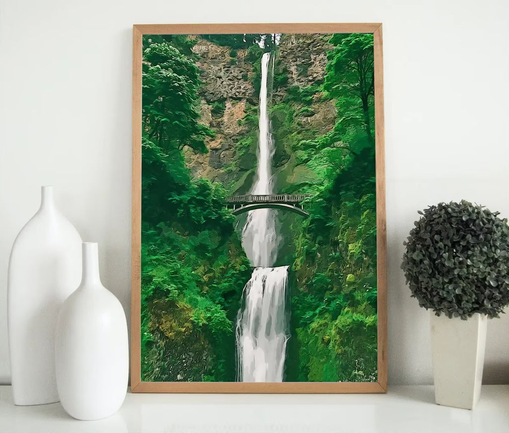 Multnomah Falls Painting Printable Wall Art. Instant Download Print of a Waterfall with Bridge in the Woods. Nature Print Home Decor – Printable Wall Art