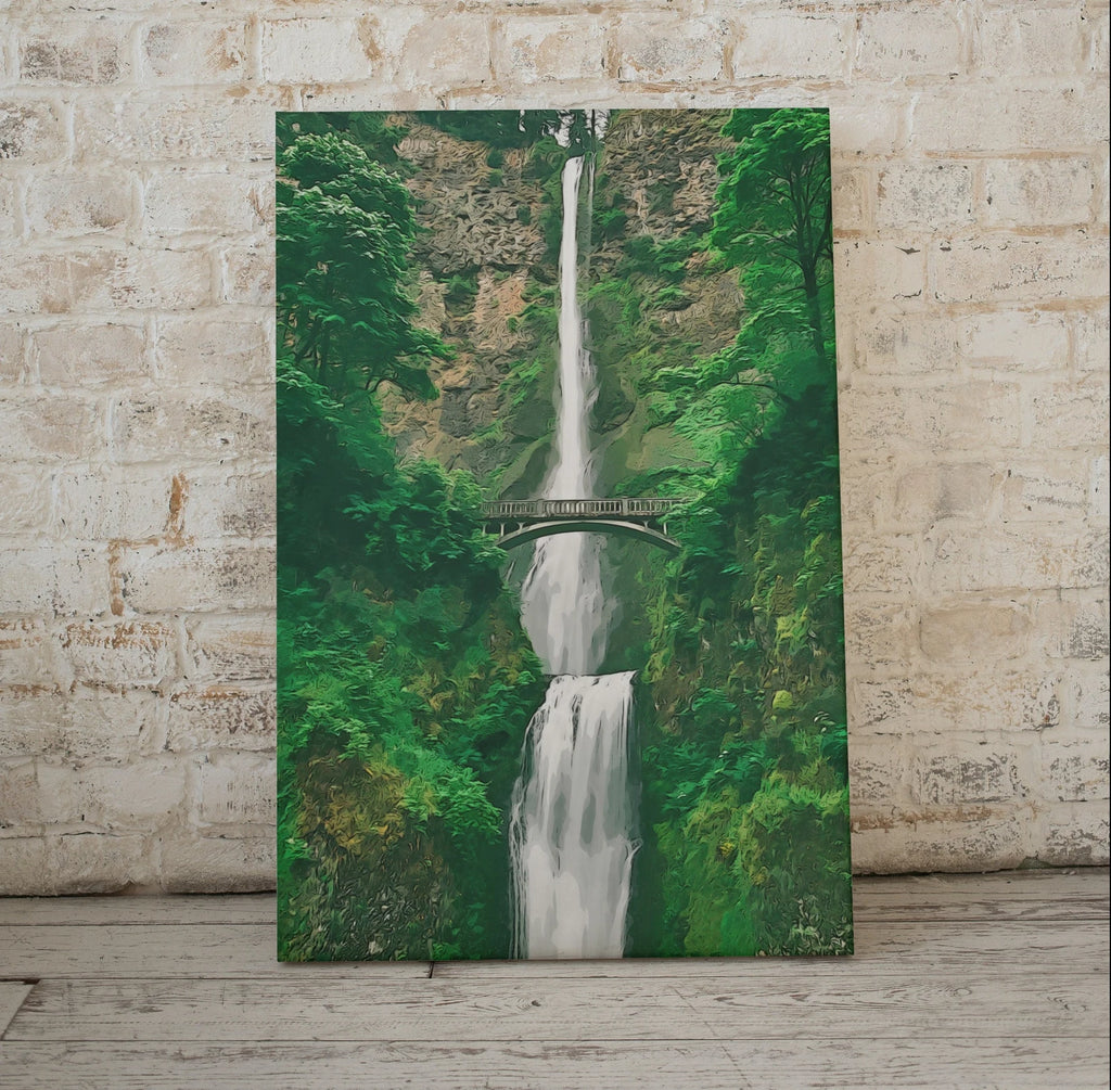 Detail view of artwork from Multnomah Falls Painting Printable Wall Art. Instant Download Print of a Waterfall with Bridge in the Woods. Nature Print Home Decor. (variation 1)
