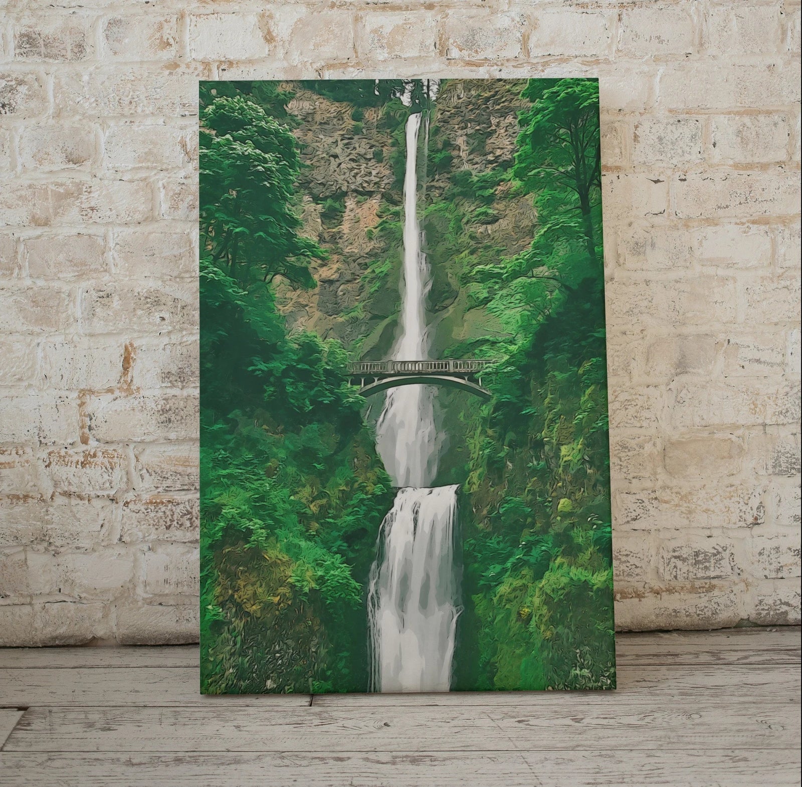 Detail view of artwork from Multnomah Falls Painting Printable Wall Art. Instant Download Print of a Waterfall with Bridge in the Woods. Nature Print Home Decor. (variation 1)