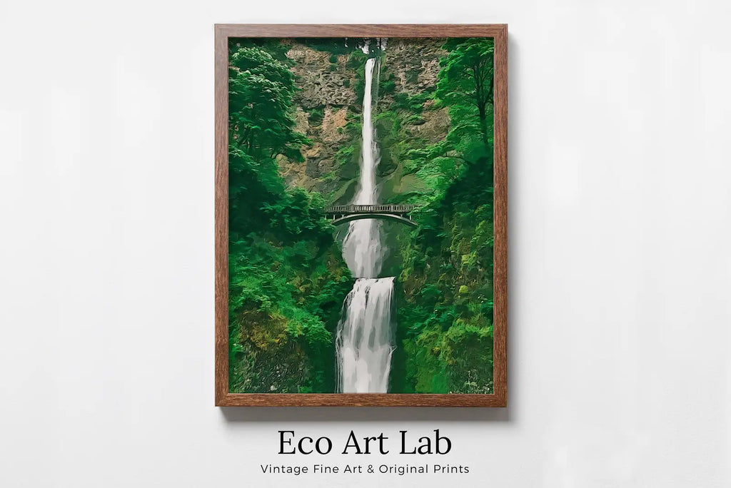 Framed view of Multnomah Falls Painting Printable Wall Art. Instant Download Print of a Waterfall with Bridge in the Woods. Nature Print Home Decor – printable wall art digital download.