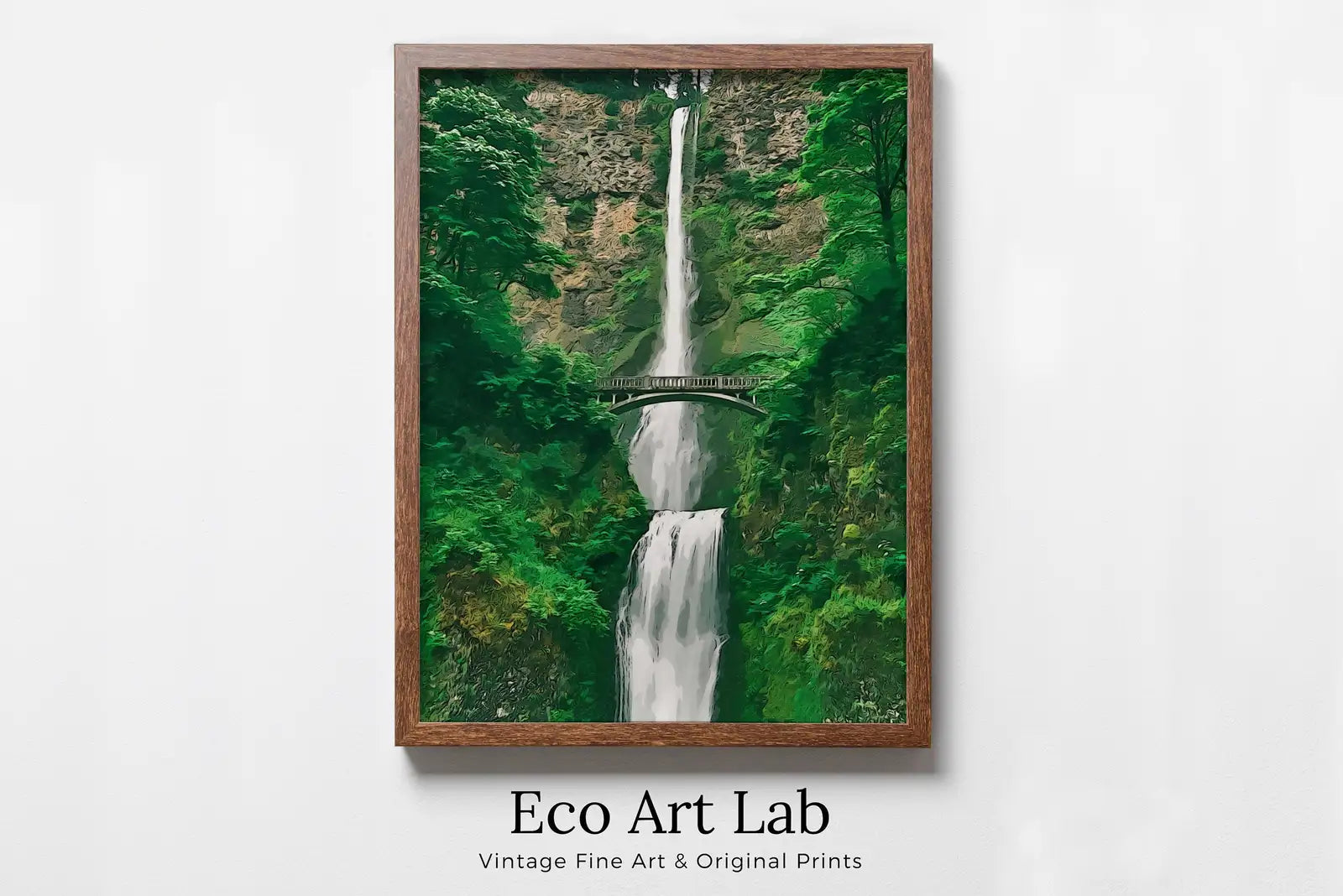 Framed view of Multnomah Falls Painting Printable Wall Art. Instant Download Print of a Waterfall with Bridge in the Woods. Nature Print Home Decor – printable wall art digital download.