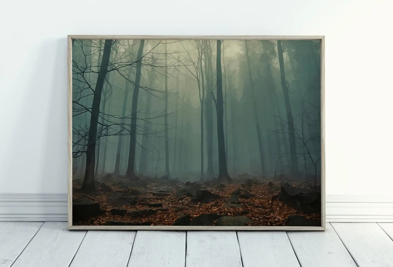 Included artwork preview showing first selection of artworks from Mysterious Foggy Woods Forest Landscape Art. Trees Printable Wall Art, for Home or Office Decor, Nature Print Digital Art Instant Download.