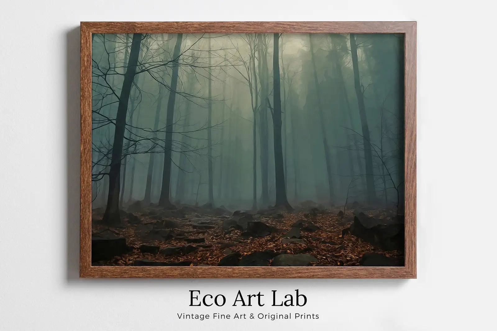 Framed view of Mysterious Foggy Woods Forest Landscape Art. Trees Printable Wall Art, for Home or Office Decor, Nature Print Digital Art Instant Download – printable wall art digital download.