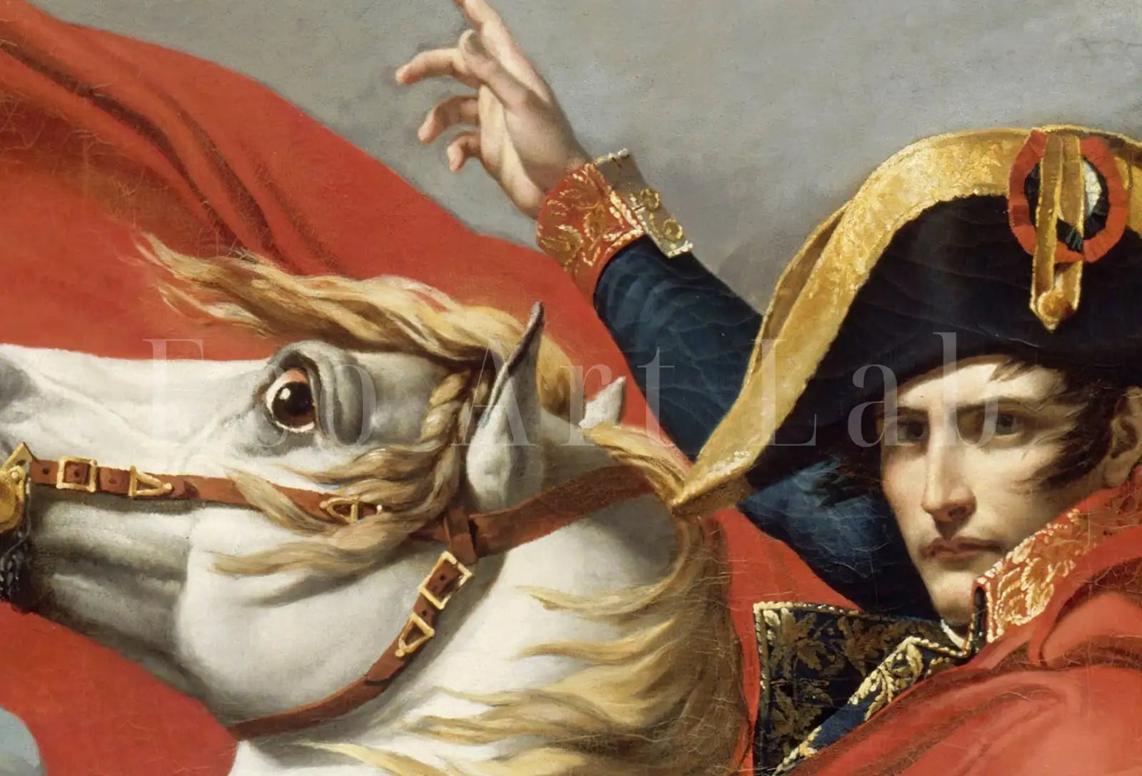 Detail view of artwork from Napoleon Bonaparte Crossing The Alps. Red Cape Version. Famous Historical Poster Print. Printable Wall Art. French History Art Reproduction. (variation 1)