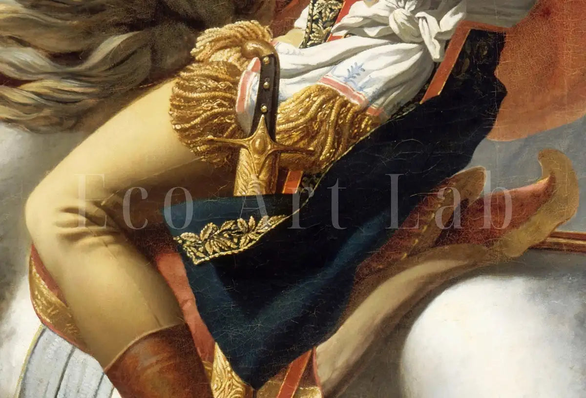 Detail view of artwork from Napoleon Bonaparte Crossing The Alps. Red Cape Version. Famous Historical Poster Print. Printable Wall Art. French History Art Reproduction. (variation 2)