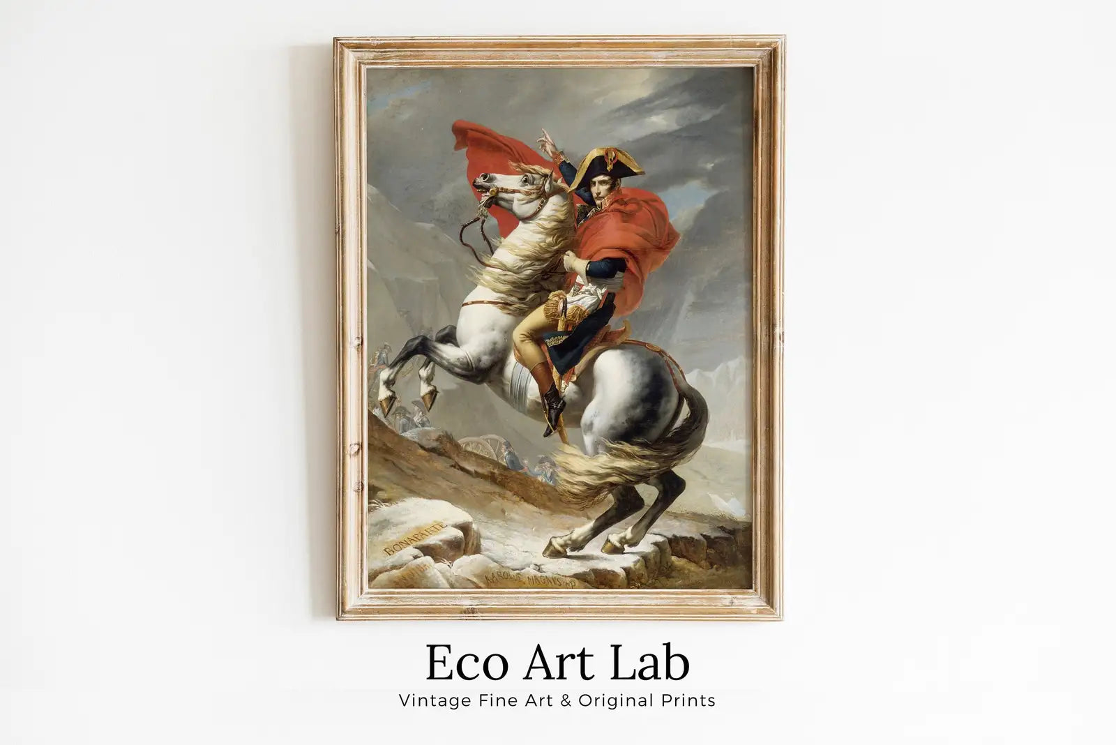 Framed view of Napoleon Bonaparte Crossing The Alps. Red Cape Version. Famous Historical Poster Print. Printable Wall Art. French History Art Reproduction – printable wall art digital download.
