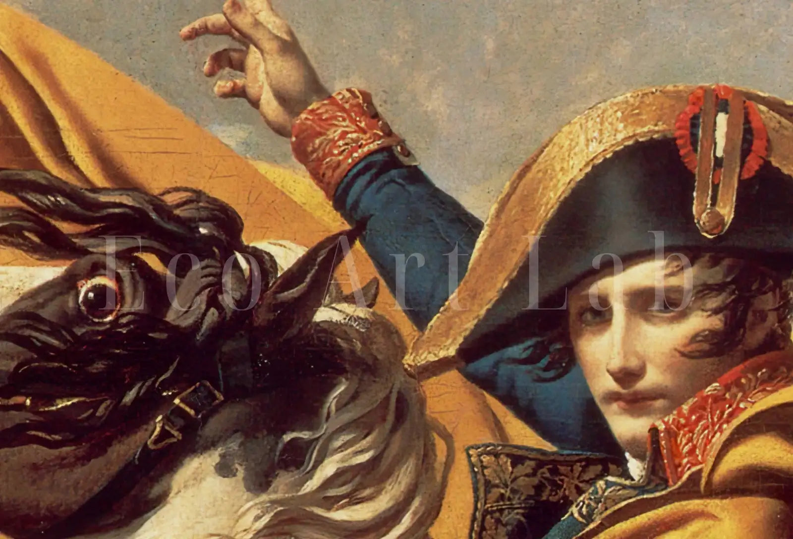 Detail view of artwork from Napoleon Bonaparte Crossing The Alps. Yellow Cape Version. Printable Wall Art. French History Art Reproduction. Famous Historical Poster. (variation 1)
