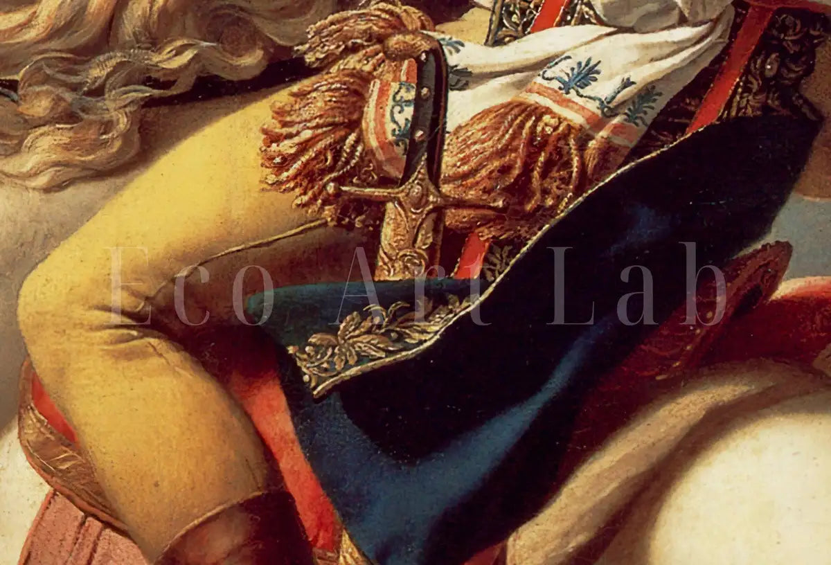 Detail view of artwork from Napoleon Bonaparte Crossing The Alps. Yellow Cape Version. Printable Wall Art. French History Art Reproduction. Famous Historical Poster. (variation 2)