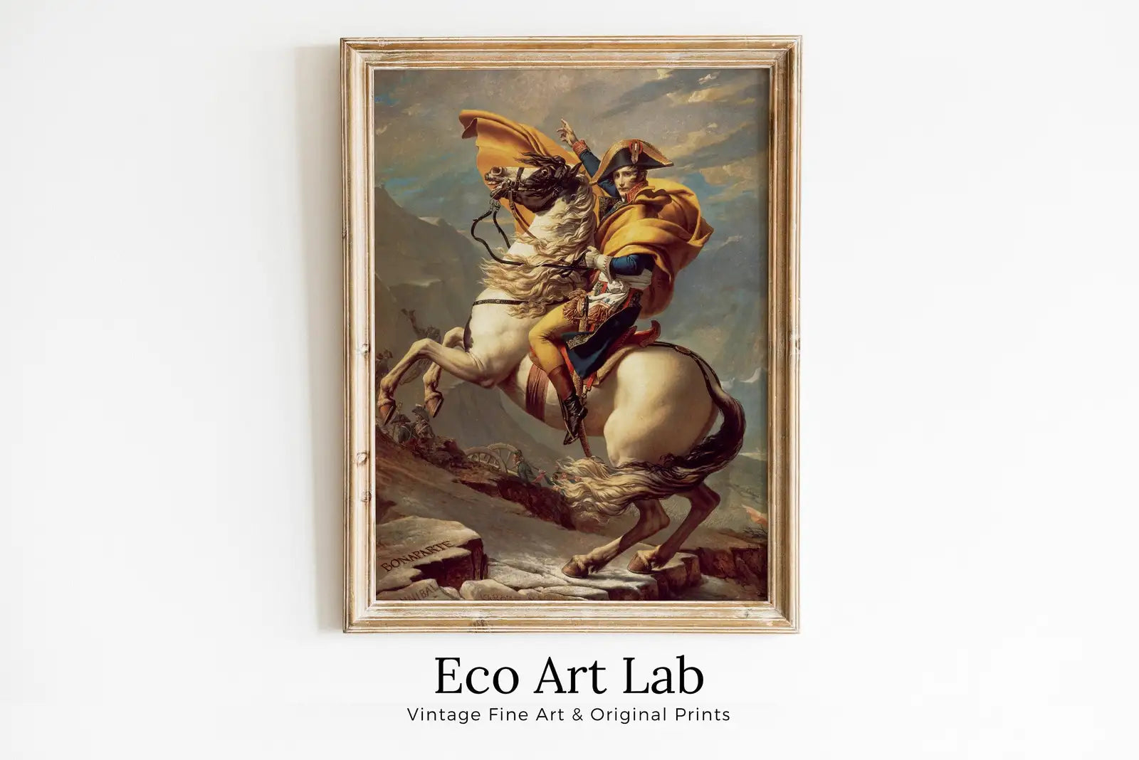 Framed view of Napoleon Bonaparte Crossing The Alps. Yellow Cape Version. Printable Wall Art. French History Art Reproduction. Famous Historical Poster – printable wall art digital download.