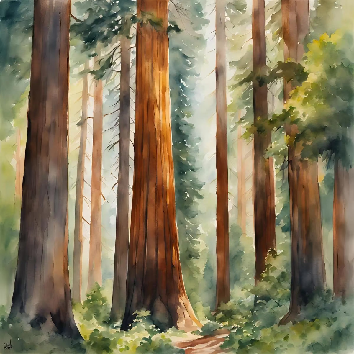 Nature Watercolor Art Printable I Sequoia Forest Wall Decor I Modern Square Home Decor – Printable Wall Art