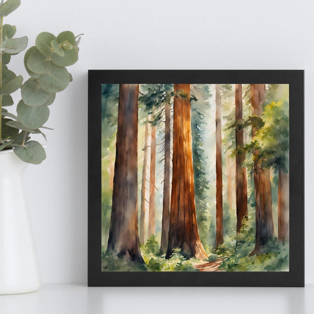 Detail view of artwork from Nature Watercolor Art Printable I Sequoia Forest Wall Decor I Modern Square Home Decor. (variation 2)