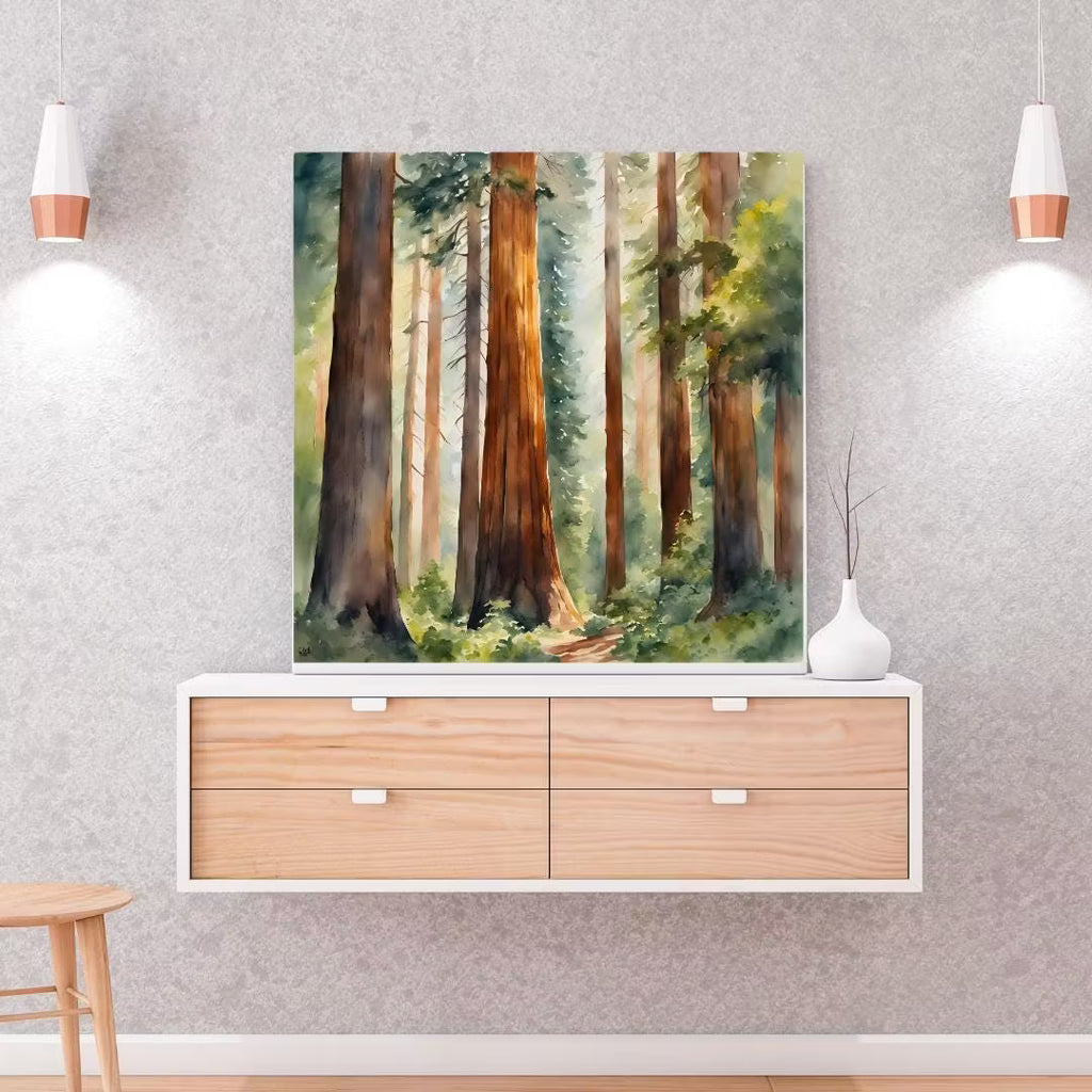 Nature Watercolor Art Printable I Sequoia Forest Wall Decor I Modern Square Home Decor – Printable Wall Art