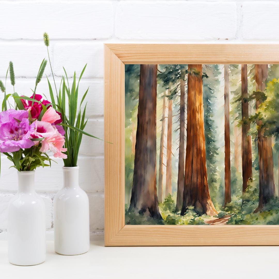 Nature Watercolor Art Printable I Sequoia Forest Wall Decor I Modern Square Home Decor – Printable Wall Art Digital Download – Digital Download