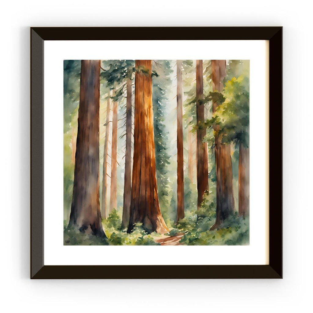 Framed view of Nature Watercolor Art Printable I Sequoia Forest Wall Decor I Modern Square Home Decor – printable wall art digital download.
