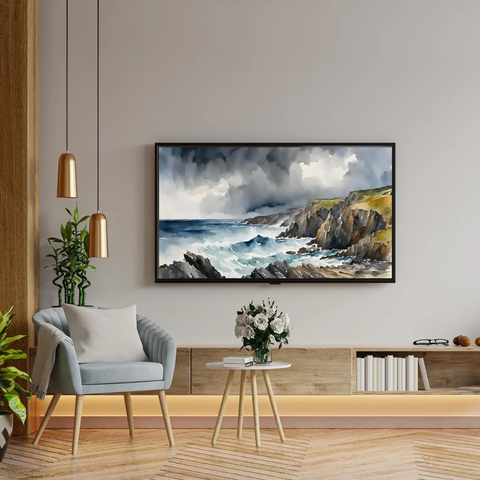 Nautical Decor Frame TV Art. Coastal Home 4K Wall Art. Watercolor Landscape Ocean Scene. – Frame TV Digital Download Art – Digital Download